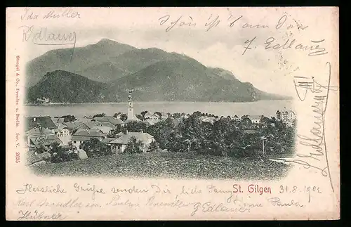Relief-AK St. Gilgen, Ortsansicht mit See und Gebirge