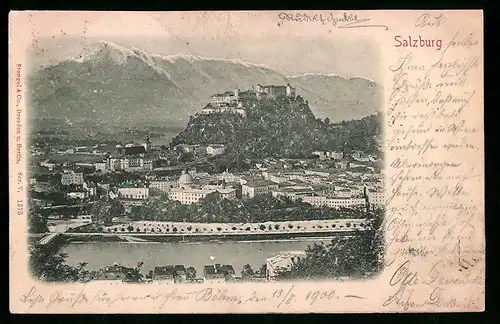 Relief-AK Salzburg, Panorama mit Veste Hohensalzburg und Alpen