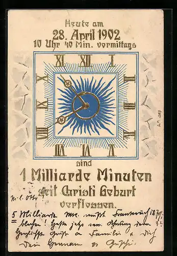 Präge-AK Am 28.04.1902 sind 1 Milliarde Minuten seit Christi Geburt verflossen