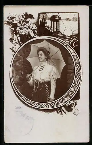 Foto-AK Schicke Dame mit Schirm, Passepartout