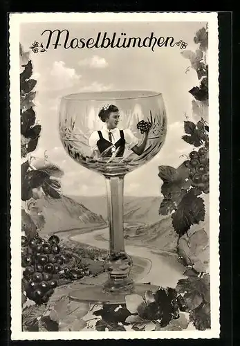 AK Moselblümchen, Maid mit Wein im Glas