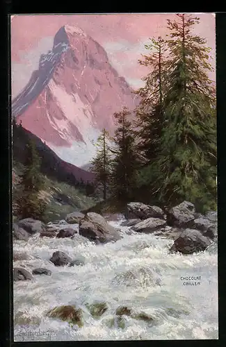 Künstler-AK August Splitgerber: Matterhorn im Abendrot, Schleichwerbung Chocolat Cailler