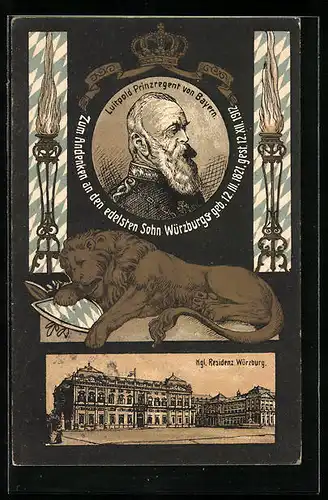 AK Würzburg, Königliche Residenz, Löwe mit bayerischem Wappen, Prinzregent Luitpold