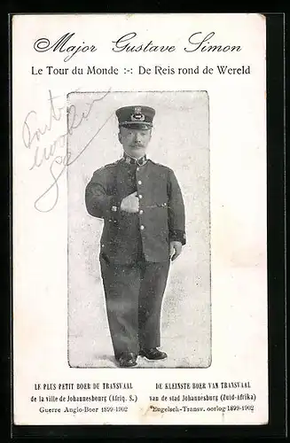 AK Major Gustave Simon aus Transvaal, Liliputaner in Uniform auf Weltreise