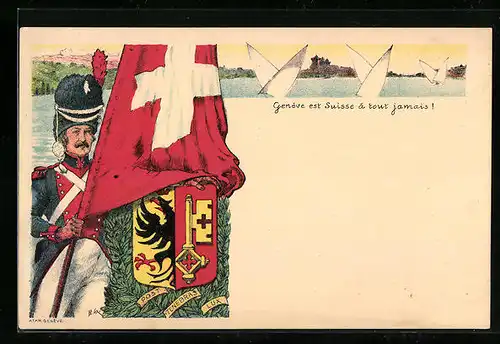 Künstler-AK Geneve, Soldat mit schweizer Nationalflagge