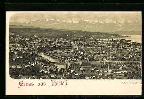 Lithographie Zürich, Totalansicht aus der Vogelschau