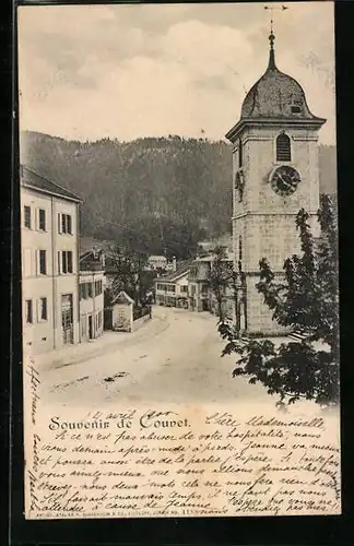 AK Couvet, Ortsansicht mit Kirchturm