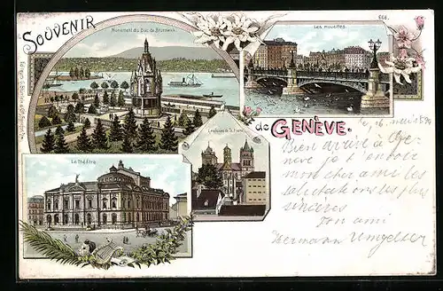 Lithographie Genève, Monument du Duc de Brunswick, Le théâtre, Les mouettes