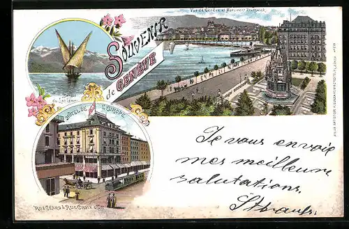 Lithographie Genève, Hotel de l`Europe, Barque du Lac Leman