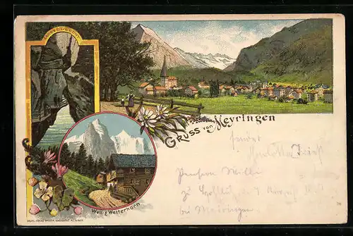 Lithographie Meyringen, Well- und Wetterhorn, Aareschlucht