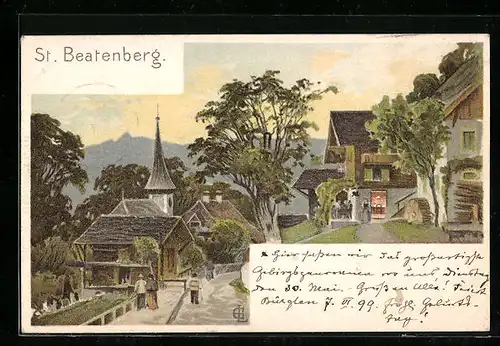 Lithographie St. Beatenberg, Ortsansicht mit Kirche und Flaneuren