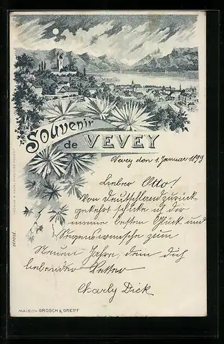 Künstler-AK Vevey, Ortsansicht mit See