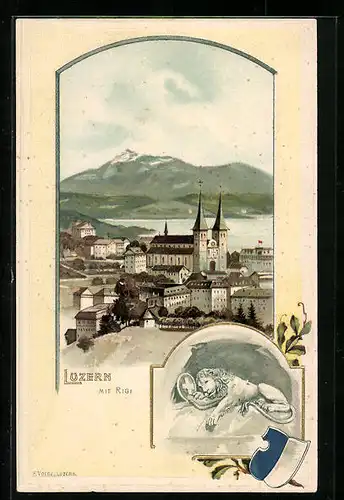 Passepartout-Lithographie Luzern, Teilansicht mit Rigi, Löwe u. Wappen