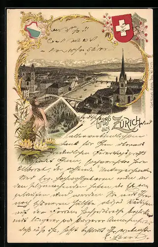 Passepartout-Lithographie Zürich, Stadt-Panorama mit Blick auf die Alpen