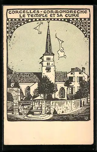Künstler-AK Corcelles, Le Temple et sa Cure