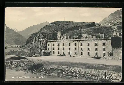 AK Andermatt, Kriegskaserne mit Strasse und Bergen