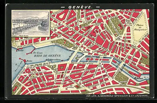 AK Genf, Stadtplan, Teilansicht mit Mont-Blanc