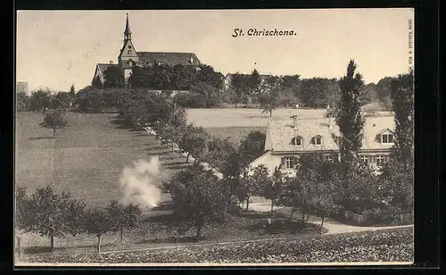 AK St. Chrischona, Ortspartie mit Strasse und Kirche