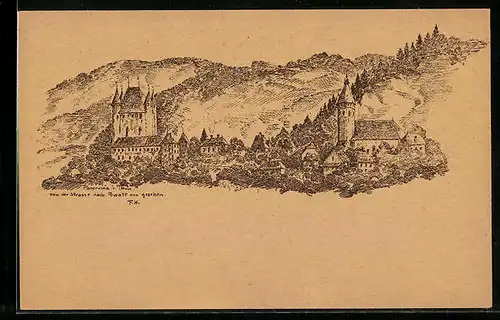 Künstler-AK Thun, Panorama, gesehen von der Strasse nach Gwatt aus