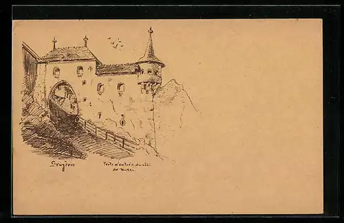 Künstler-AK Gruyères, Porte d`entrée du cote de Dulle