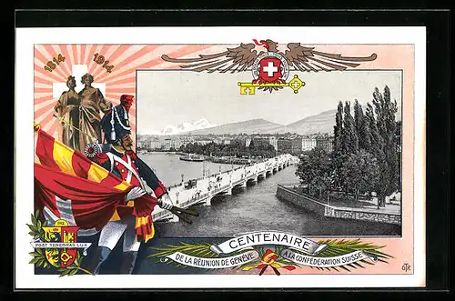AK Genève, Centenaire de la Reunion 1914, Teilansicht, Wappen, Fahnen