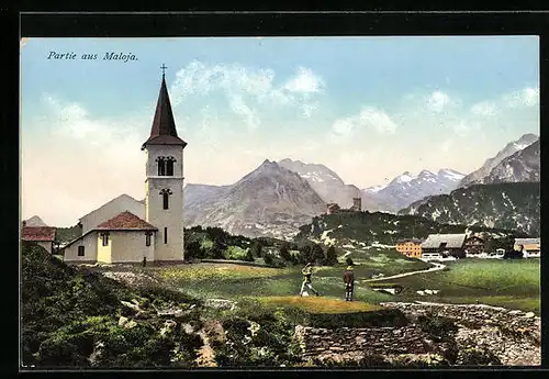 AK Maloja, Ortsansicht mit Kirche