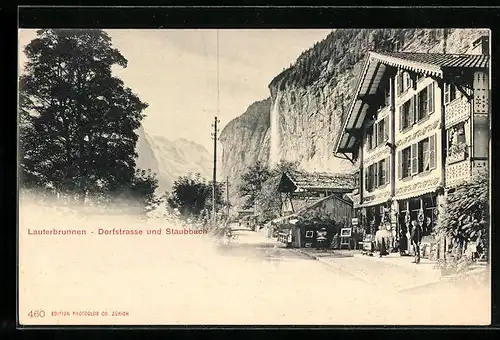 AK Lauterbrunnen, Dorfstrasse und Staubbach