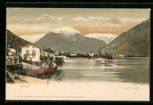 AK Melide, Lago di Lugano, Teilansicht, Dampfer