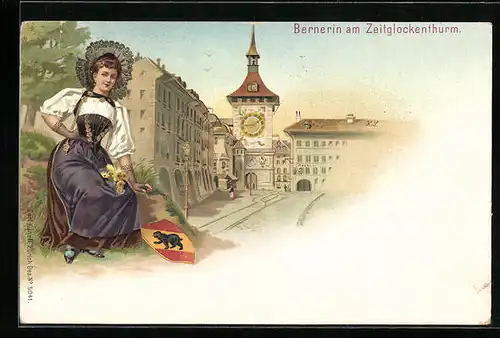 Künstler-AK Bern, Bernerin mit Wappen am Zeitglockenturm
