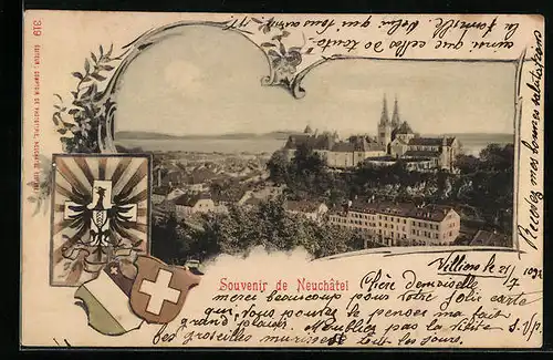 AK Neuchâtel, Totalansicht mit Burg, Wappen