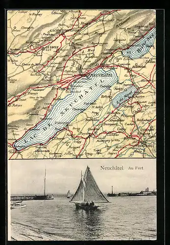 AK Neuchatel, Hafenpartie mit Segelboot, Landkarte