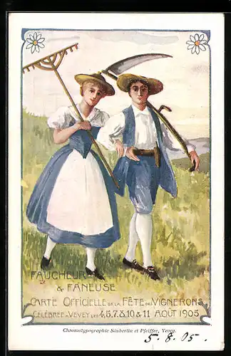 Künstler-AK Vevey, Faucheur & Faneuse, Fete des Vignerons 1905