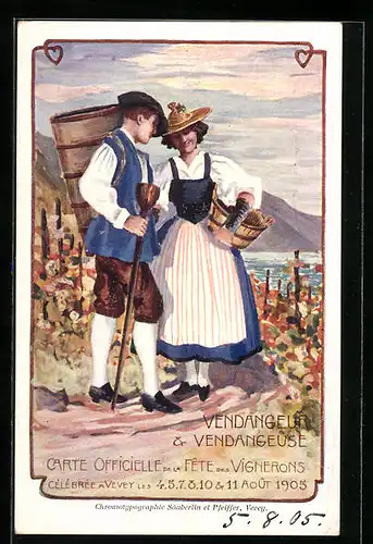 Künstler-AK Vevey, Vendangeur & Vendangeuse, Fete des Vignerons 1905