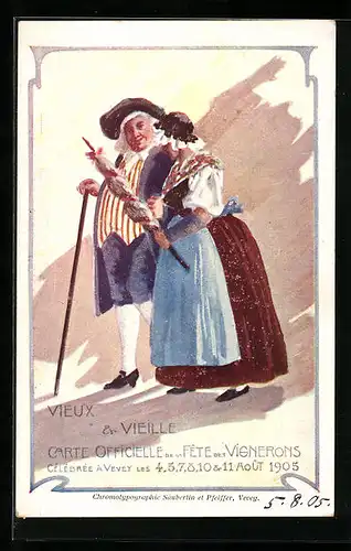 Künstler-AK Vevey, Vieux & Vieille, Fete des Vignerons 1905
