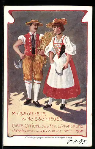 Künstler-AK Vevey, Moissonneur & Moissonneuse, Fete des Vignerons 1905