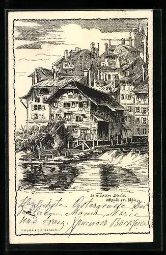 Künstler-AK Genf, Le moulin David détruit en 1874