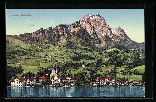 AK Hergiswil, Uferpartie mit Kirche und Pilatus