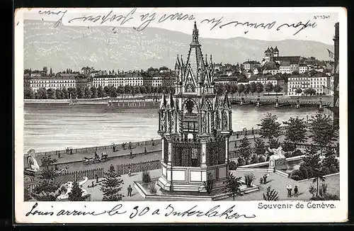 Lithographie Genève, Uferpartie mit Kapelle