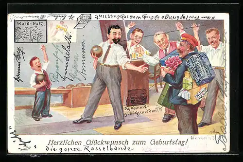 AK Geburtstagsgruss, Paketbote überrascht die Kegler
