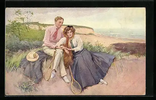Künstler-AK M. Munk Nr. 1126: Paar sitzt mit Tennisschlägern am Strand, Frühling des Lebens