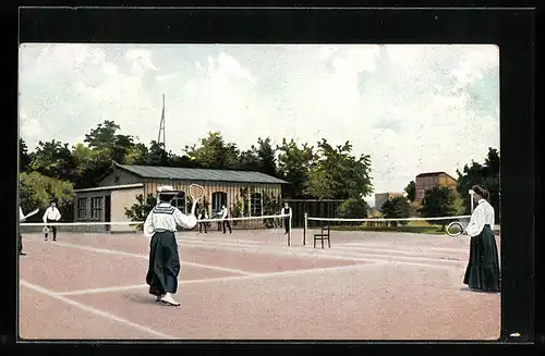 AK Frauen und Männer beim Tennis-Doppel