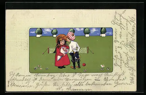 Präge-AK Mädchen teilt ihre Süssigkeiten mit dem Tennis spielenden Jungen