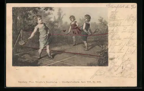 Lithographie Kinder beim Tennisspiel