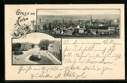 AK Aalen, Teilansicht aus der Vogelschau, Ortspartie mit Denkmal aus der Vogelschau