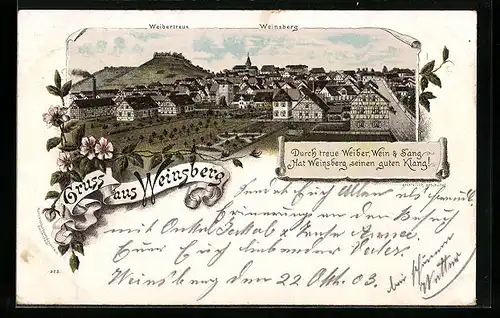 Lithographie Weinsberg, Ortsansicht mit Burg Weibertreue