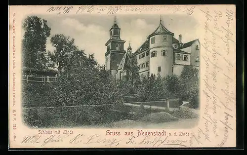 Relief-AK Neuenstadt a. d. Linde, Schloss mit Linde