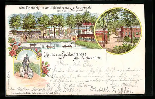 Lithographie Berlin-Schlachtensee, Gasthaus Alte Fischerhütte Herm. Marquardt, Radfahrer