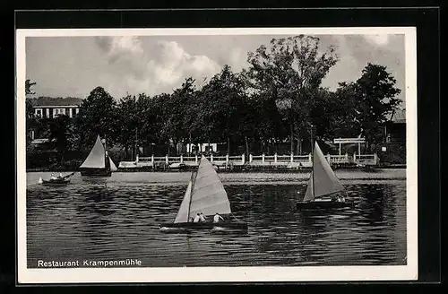 AK Berlin-Müggelheim, Restaurant Krampenmühle Paul Czernefsky mit Segelbooten