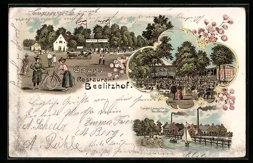 Lithographie Berlin-Nikolassee, Gasthaus Beelitzhof mit Garten, Dampfer-Landesstelle und Wasserwerke