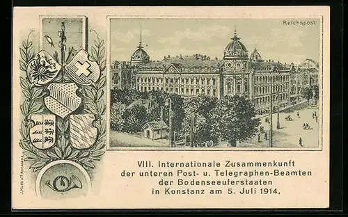 AK Konstanz, Zusammenkunft der unteren Postbeamten der Bodenseeuferstaaten 1914, Reichspost, Wappen